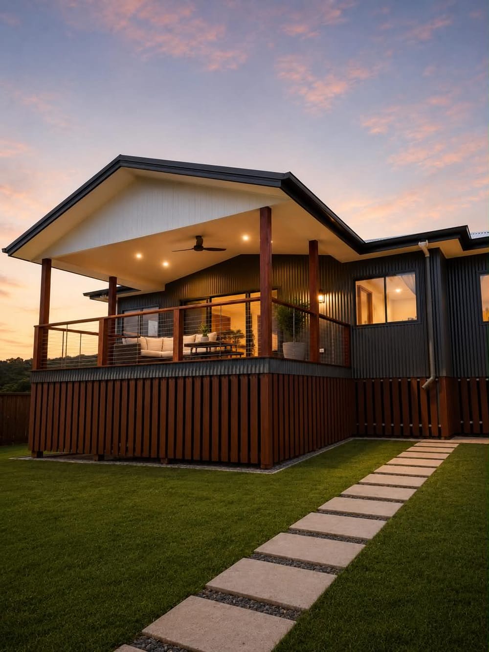 Covered timber verandah extension at dusk, built by Mark Collins Builder